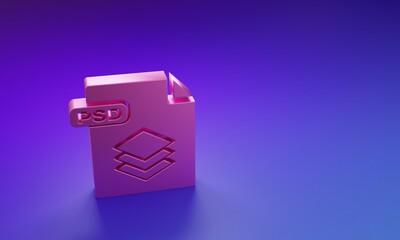 Fototapete - Pink PSD file document. Download psd button icon isolated on purple-blue background. PSD file symbol. Minimalism concept. 3D render illustration