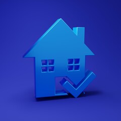 Poster - Blue House with check mark icon isolated on blue background. Real estate agency or cottage town elite class. Minimalism concept. 3D render illustration