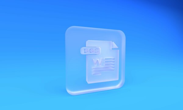 Frosted glass DOC file document. Download doc button icon isolated on blue background. DOC file extension symbol. Square frosted glass button. 3D render illustration