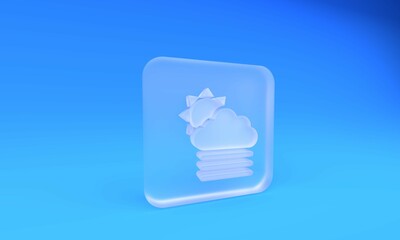 Fototapete - Frosted glass Fog and cloud with sun icon isolated on blue background. Square frosted glass button. 3D render illustration