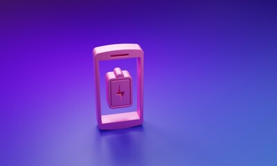 Poster - Pink Smartphone battery charge icon isolated on purple-blue background. Phone with a low battery charge. Minimalism concept. 3D render illustration
