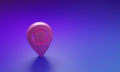Poster - Pink Location with basketball ball inside icon isolated on purple-blue background. Minimalism concept. 3D render illustration