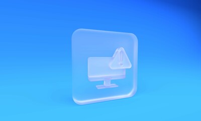 Fototapete - Frosted glass Computer monitor with exclamation mark icon isolated on blue background. Alert message smartphone notification. Square frosted glass button. 3D render illustration