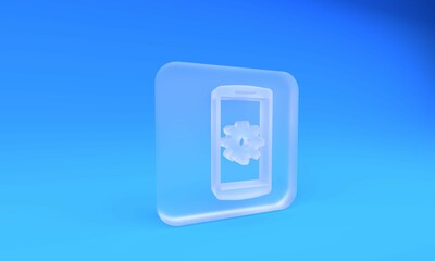 Fototapete - Frosted glass Setting on smartphone icon isolated on blue background. Mobile and gear. Adjusting, service, setting, maintenance, repair, fixing. Square frosted glass button. 3D render illustration