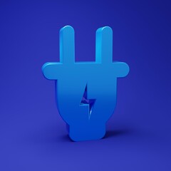 Poster - Blue Electric plug icon isolated on blue background. Concept of connection and disconnection of the electricity. Minimalism concept. 3D render illustration