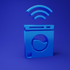 Poster - Blue Smart washer system icon isolated on blue background. Washing machine icon. Internet of things concept with wireless connection. Minimalism concept. 3D render illustration