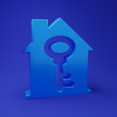 Poster - Blue House with key icon isolated on blue background. The concept of the house turnkey. Minimalism concept. 3D render illustration