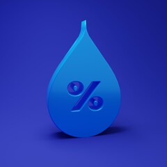 Poster - Blue Water drop percentage icon isolated on blue background. Humidity analysis. Minimalism concept. 3D render illustration