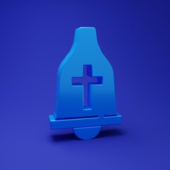 Poster - Blue Church bell icon isolated on blue background. Alarm symbol, service bell, handbell sign, notification symbol. Minimalism concept. 3D render illustration