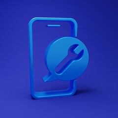 Fototapete - Blue Mobile phone with wrench icon isolated on blue background. Adjusting, service, setting, maintenance, repair. Minimalism concept. 3D render illustration