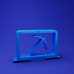 Poster - Blue Mining concept with laptop and pickaxe icon isolated on blue background. Blockchain technology, cryptocurrency mining, digital money market. Minimalism concept. 3D render illustration