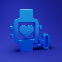 Poster - Blue Smart watch showing heart beat rate icon isolated on blue background. Fitness App concept. Minimalism concept. 3D render illustration