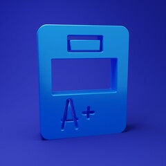 Poster - Blue Exam sheet with A plus grade icon isolated on blue background. Test paper, exam, or survey concept. School test or exam. Minimalism concept. 3D render illustration