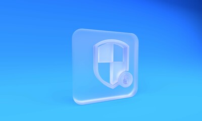 Poster - frosted glass shield security with lock icon isolated on blue background. protection, safety, passwo