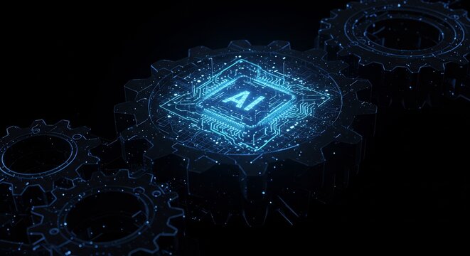 Glowing Blue Digital Gears in Dark Background