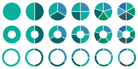 Poster - Circle division infographic icon set. Pie chart divided. Color circle pie chart diagram. Infographic wheel segment and fraction. Eps 10