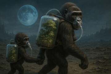 Wall Mural - gorillas explore futuristic, dystopian landscape.