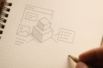 Poster - Conceptual Sketch of Data Management and Workflow on a Notebook Page with Pencil