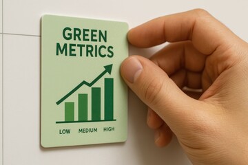 Poster - Hand Placing Green Metrics Sign on Wall to Indicate Growth Levels in Environmental Progress