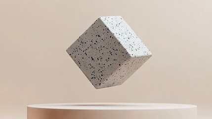 Aufkleber - Floating Stone Cube Above Pedestal on Beige Background