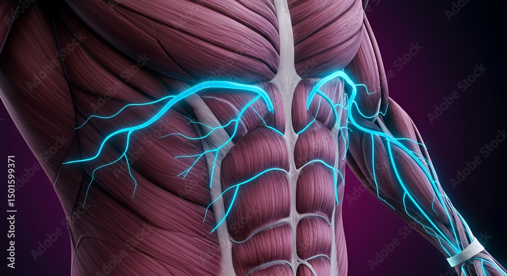 Human Anatomy: Detailed 3D Model of Chest and Arm Muscles with Vascular ...