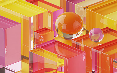 Poster - Geometric Forms in Colorful Hues: An artistic composition of vibrant geometric shapes, including cubes and spheres, in a vivid display of color and form.