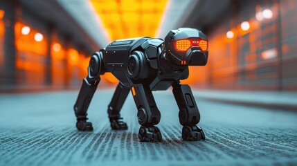 Poster - A sleek robotic dog with glowing red eyes stands in a futuristic, illuminated corridor with an orange and blue color scheme.