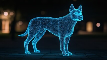 Poster - A glowing blue wireframe hologram of a dog stands on a dark, blurred background.