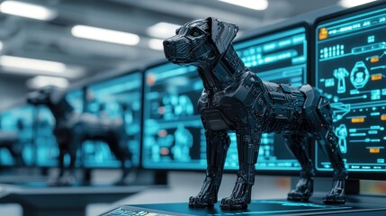 Poster - A robotic dog stands in front of futuristic computer screens displaying technical data in a high-tech laboratory setting.