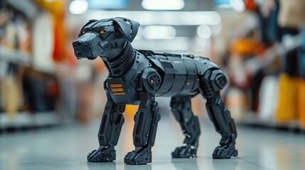 Poster - A sleek, black robotic dog stands on a shiny indoor floor, surrounded by blurred shelves and bright lights in the background.