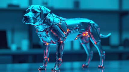 Poster - A futuristic robotic dog with glowing circuits stands indoors, blending technology and realism in a blue-lit environment.