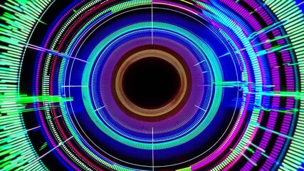 Poster - Futuristic glowing neon circular hud elements rotating with colorful light trails and digital glitches on a black background create a dynamic and technological visual experience