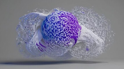 Poster - Color-changing abstract sphere morphing and rotating slowly, transforming from blue to purple hues against neutral gray background, showcasing fluid dynamic motion graphic design