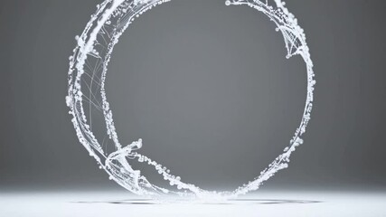 Poster - Complex system of white particles rotating and forming a circle, evolving over time on a gray background, creating an abstract and dynamic visual representation