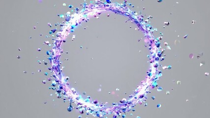 Poster - Iridescent particles forming luminous circular pattern, rotating with dynamic energy and creating seamless visual effect against pristine white background