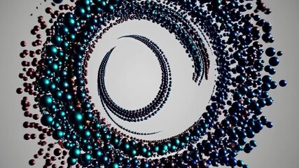 Poster - Small metallic spheres in teal and purple colors rotate, creating a spiral shape against a white background, offering various perspectives and dynamic movements
