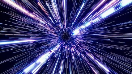 Poster - Bright streaks of light and color converge at a central point, creating the illusion of rapid movement through a cosmic tunnel, resembling a wormhole or hyperspace jump