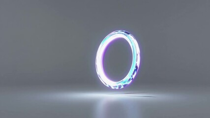 Poster - Luminous futuristic ring rotating, dynamically transforming with light and color variations across minimalist white and dark grey backgrounds, representing technological innovation