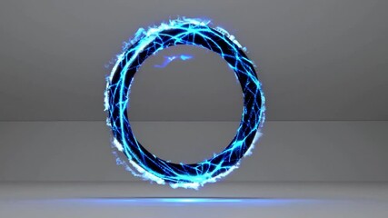 Poster - Electric blue flames engulf a dark ring, rotating slowly and creating a mesmerizing visual effect against a plain white backdrop, perfect for visual effects and motion graphics projects