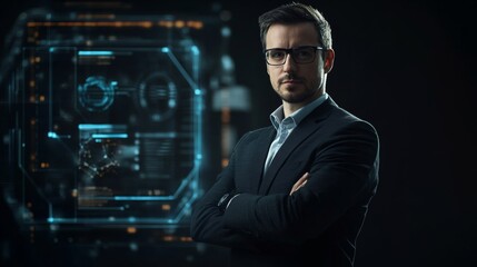 Poster - Business-themed tech interface frame border, holographic graphs and UI elements around edges, sleek dark background with glowing data overlays, professional and futuristic look
