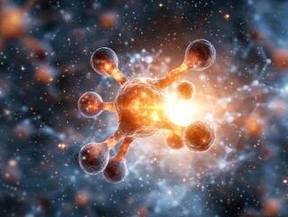 Poster - stunning visualization of abstract molecular structure with bright light burst and cosmic background