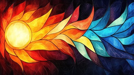 Fototapete - Abstract Stained Glass Sun and Stars: Fiery Orange and Cool Blue Hues on Dark Background