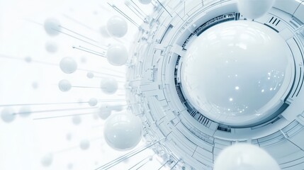 Poster - Abstract futuristic design with spheres and structures in a white space conveying technology and innovation concepts