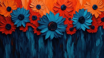 Fototapete - Abstract Teal and Orange Paper Flowers on Textured Blue Background