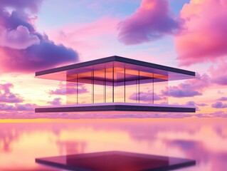 Poster - Modern Floating Structure in a Dreamy Sky Setting with Vibrant Colors and Reflective Water Surface
