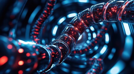 Poster - Abstract Close-Up of Futuristic Red and Blue Circuitry with Metallic Tubes in a Dynamic Digital Environment