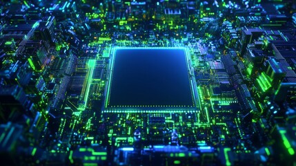 Poster - Cyber circuit board frame, glowing digital lines forming a tech-inspired border, electric blue and neon green color palette, futuristic sci-fi interface, empty middle
