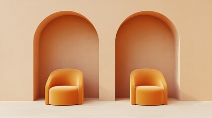 Poster - Modern minimalist living space with two orange chairs against a peach-colored arch wall
