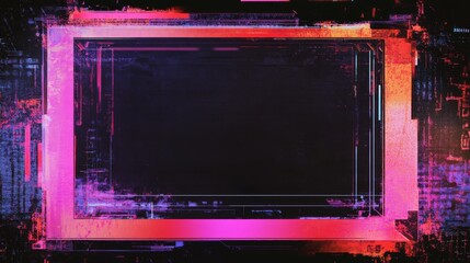 Poster - Digital glitch frame with RGB color distortion, broken pixels and scanlines around the edges, tech and vaporwave aesthetic, dark center with empty copy space