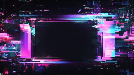 Aufkleber - Digital glitch frame with RGB color distortion, broken pixels and scanlines around the edges, tech and vaporwave aesthetic, dark center with empty copy space